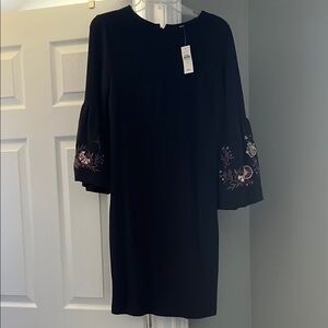 LOFT Navy Blue Dress with Floral Sleeve Embroidery